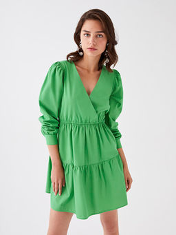 Kruvaze Yaka D?z Uzun Kollu Poplin Elbise