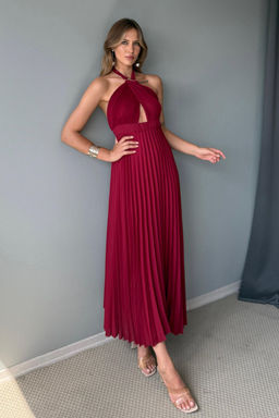 Bordo Piliseli Cut Out Aksesuar Detayl? Sifon Midi Astarl? Elbise TPRSS25EL00327