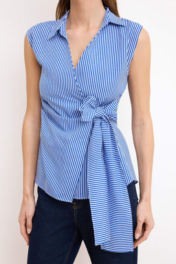 Mavi Cizgili Kruvaze Baglama Detayl? Dokuma Bluz TWOSS25BZ00581