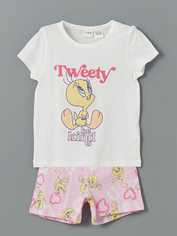 Bisiklet Yaka Tweety Bask?l? K?z ?ocuk ?ortlu Pijama Tak?m?