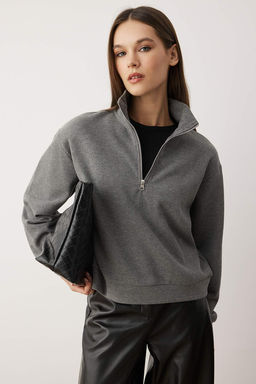 Antrasit Regular/Normal Kal?p Yar?m Pat Fermuarl? Kal?nOrme Sweatshirt TWOAW26SW00059