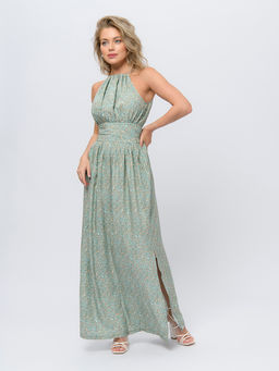 Платье зеленого цвета длины макси без рукавов с фигурным вырезом