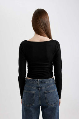 Приталенная футболка с длинными рукавами и круглым вырезом - Defacto фото 4