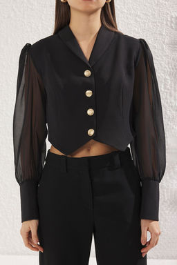 TRENDYOLMILLA Beyaz Metal Dugme Detayl? Kollar? Transparan Crop Dokuma Blazer Ceket TWOSS25BC00026 фото 8