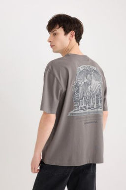 Oversize Genis Kal?p Bisiklet Yaka S?rt Bask?l? K?sa Kollu Tisort