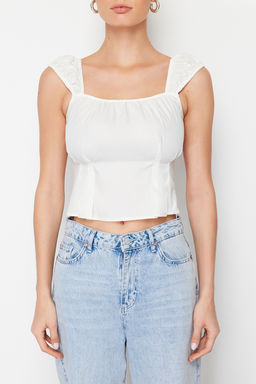 Ekru Fitted/Vucuda Oturan Pamuklu Crop Dokuma Bluz TWOSS24BZ00317 - Trendyolmilla фото 4