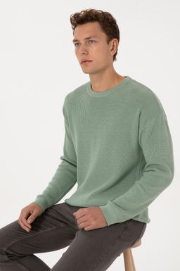 Erkek Comfort Fit Bisiklet Yaka Ye_il Melanj Basic Kazak
