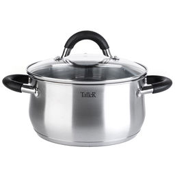 Кастрюля из нержавеющей стали Шелборн 3,2л, д20см, h10,5см, s0,6мм, дно s2,8мм, стеклянная жаропрочная крышка, стальной обод, пароотвод, силиконовые вставки черного цвета, капсулированное дно, полировка внешняя - матовая, внутренняя - зеркальная, м