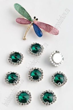 Стразы пришивные в серебряной оправе 18 мм "Круг" (5 шт) SF-2051, изумрудный №5