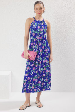 Mavi Desenli Boyundan Baglamal? Bask?l? A-Line Maxi Orme Elbise TWOSS23EL00705