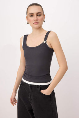 Antrasit Ikili Fitted/Vucuda Oturan Havuz Yaka Aksesuarl? Fitilli Esnek Orme Bluz TWOSS26BZ00461