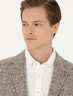 Бежевая приталенная куртка в клетку из смесовой шерсти - Cacharel фото 2