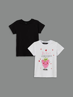 Bisiklet Yaka Bask?l? K?z ?ocuk Ti??rt 2li