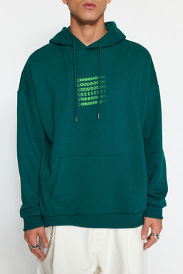 TRENDYOL MAN Siyah Oversize/Genis Kesim Kapusonlu Labirent Bask? Polar Pamuk Sweatshirt TMNAW24SW00201 - Trendyolmilla фото 4