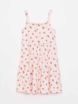 Kare Yaka Desenli Ask?l? Pamuklu K?z ?ocuk Elbise