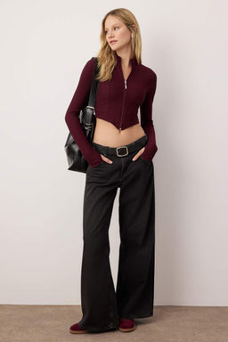 Bordo Ottoman Fermuarl? Dik Yaka Esnek Vucuda Oturan Orme Bluz TWOAW26BZ00307 - Trendyolmilla фото 2