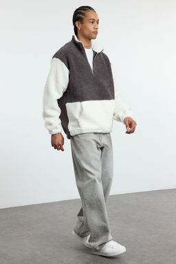 TRENDYOL MAN Fume Unisex Oversize/Genis Kesim Renk Bloklu Dik Yaka S?cak Tutan Pelus Sweatshirt TMNAW25SW00148 - Trendyolmilla фото 5