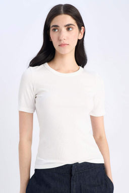 Slim Fit Dar Kesim Bisiklet Yaka Fitilli Kaskorse Basic Duz K?sa Kollu Tisort - Defacto фото 4
