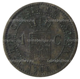 Монета 1 сентимо 1906 года Испания