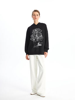 Bask?l? Uzun Kollu Oversize Kad?n Kal?n Hoodie