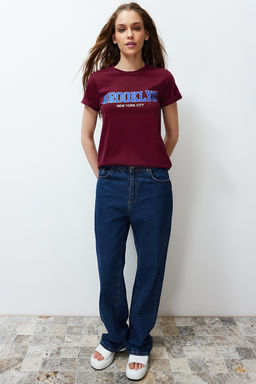 TRENDYOLMILLA Bordo %100 Pamuk Slogan Bask?l? Regular/Normal Kesim Orme T-Shirt TWOSS24TS00138  фото 3