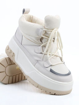 04-WG039-2M WHITE/BEIGE Ботинки зимние женские (натуральная кожа, курточная ткань, 100% шерсть)
