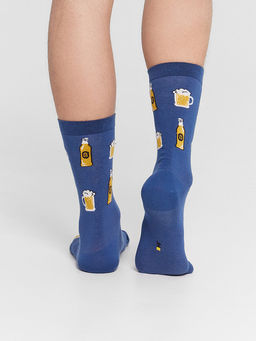 Цена за 5 пар! Носки мужские высокие синие с узором в виде пивных бокалов и бутылок - Mark formelle фото 2