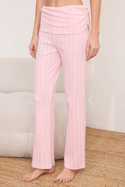 Ac?k Pembe %100 Pamuklu Bel Detayl? Fitilli/Pointel Orme Pijama Tak?m? THMSS26PT00037