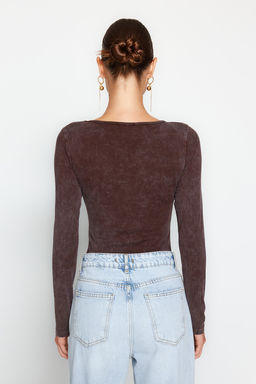 Kahverengi Eskitme/Soluk Efektli Pamuklu Uzun Kol Esnek C?tc?tl? Orme Body TWOAW24BD00044
