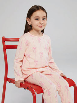 Bisiklet Yaka Fiyonk Bask?l? K?z ?ocuk Pijama Tak?m?