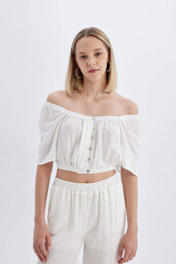 Regular Fit Kare Yaka Krink?l Viskon K?sa Kollu Bluz - Defacto фото 2