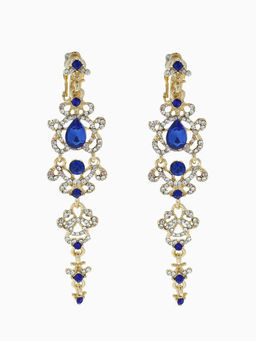 Клипсы для ушей висячие со стразами QF Ажур, капли с завитками, цвет бело-синий в золоте