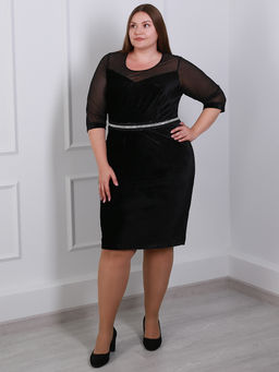 Платье из черного бархата с прозрачными рукавами праздничное - Almond фото 3