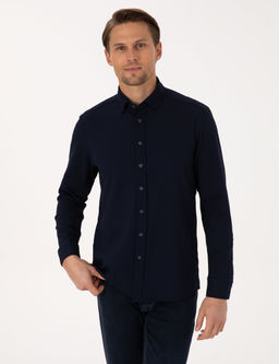 Lacivert Esnek Slim Fit _izgili Uzun Kollu G_mlek