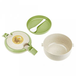 Ланч-бокс для продуктов пластмассовый Эко дом д13,8см h10см, 2 уровня: 0,15л д13,8см h2,1см; 0,6л, д13,7см h6,7см, с ложкой 13см, бежевый, с цветными клипсами и ручками, цвета в ассортименте: фисташковый, розовый (Китай) Пластик с добавлением пшени - Домашняя мода фото 5