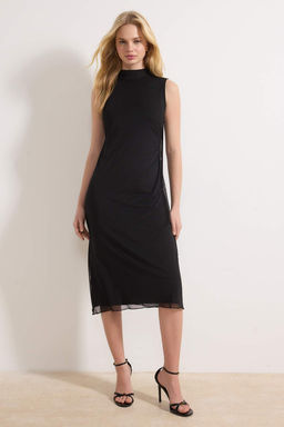 Siyah Animal A-line Dik Yaka Kolsuz Midi Tul Astarl? Orme Elbise TWOSS26EL00103