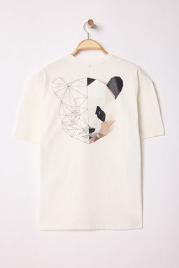 Ekru Oversize/Genis Kesim S?rt Hayvan Bask?l? %100 Pamuk T-Shirt TMNSS25TS00117