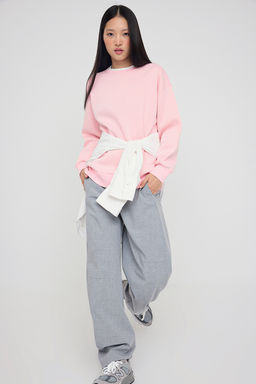 Ac?k Pembe Renk Bloklu Oversize/Genis Kal?p Kal?n Orme Sweatshirt TWOAW26SW00025