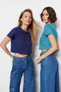 Lacivert-Turkuaz 2li Paket %100 Pamuk Crop Bisiklet Yaka Orme T-Shirt TWOSS20TS1480