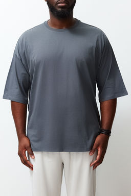 Buyuk Beden Antrasit Oversize/Genis Kesim %100 Pamuklu T-Shirt TMNSS23TS00139