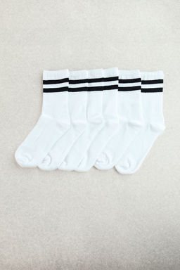 Beyaz Unisex 6l? Pamuklu Cizgili Kolej-Tenis-Orta Boy Corap TEDAW25CO00010