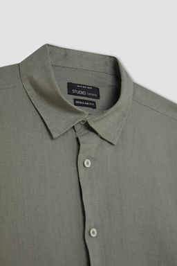 Льняная рубашка стандартного кроя с воротником поло и длинными рукавами - Defacto фото 2