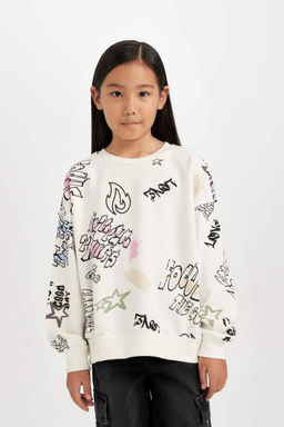 Толстовка оверсайз для девочек с широким кроем и круглым вырезом с 3D-принтом - Defacto фото 3