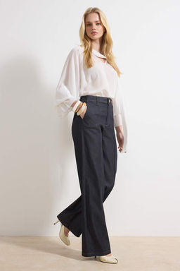 Koyu Mavi Dikis Detayl? Yuksek Bel Ekstra Esnek Wide Leg Jeans TWOSS26JE00053 - Trendyolmilla фото 2