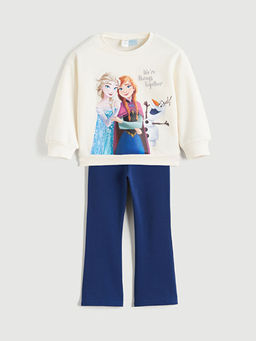 Bisiklet Yaka Elsa Bask?l? K?z ?ocuk Sweatshirt ve Tayt