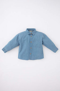 Джинсовая рубашка с длинными рукавами и принтом на спине для маленьких мальчиков - Defacto фото 5