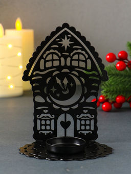 Подсвечник на 1 свечу Домик новогодний с часами, металл, чёрный, 6.7?10?13.5 см