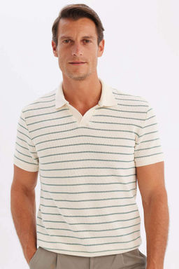 Regular Fit Cizgili K?sa Kollu Triko Polo Tisort - Defacto фото 7