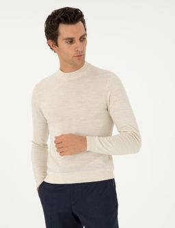 Bej Slim Fit Y_n Kar___ml_ _eyrek Bal_k__ Yaka Basic Triko Kazak