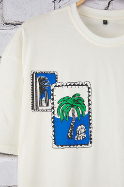 TRENDYOL MAN Ekru Oversize/Genis Kesim Tropikal Bask?l? %100 Pamuk T-Shirt TMNSS25TS00219 - Trendyolmilla фото 3